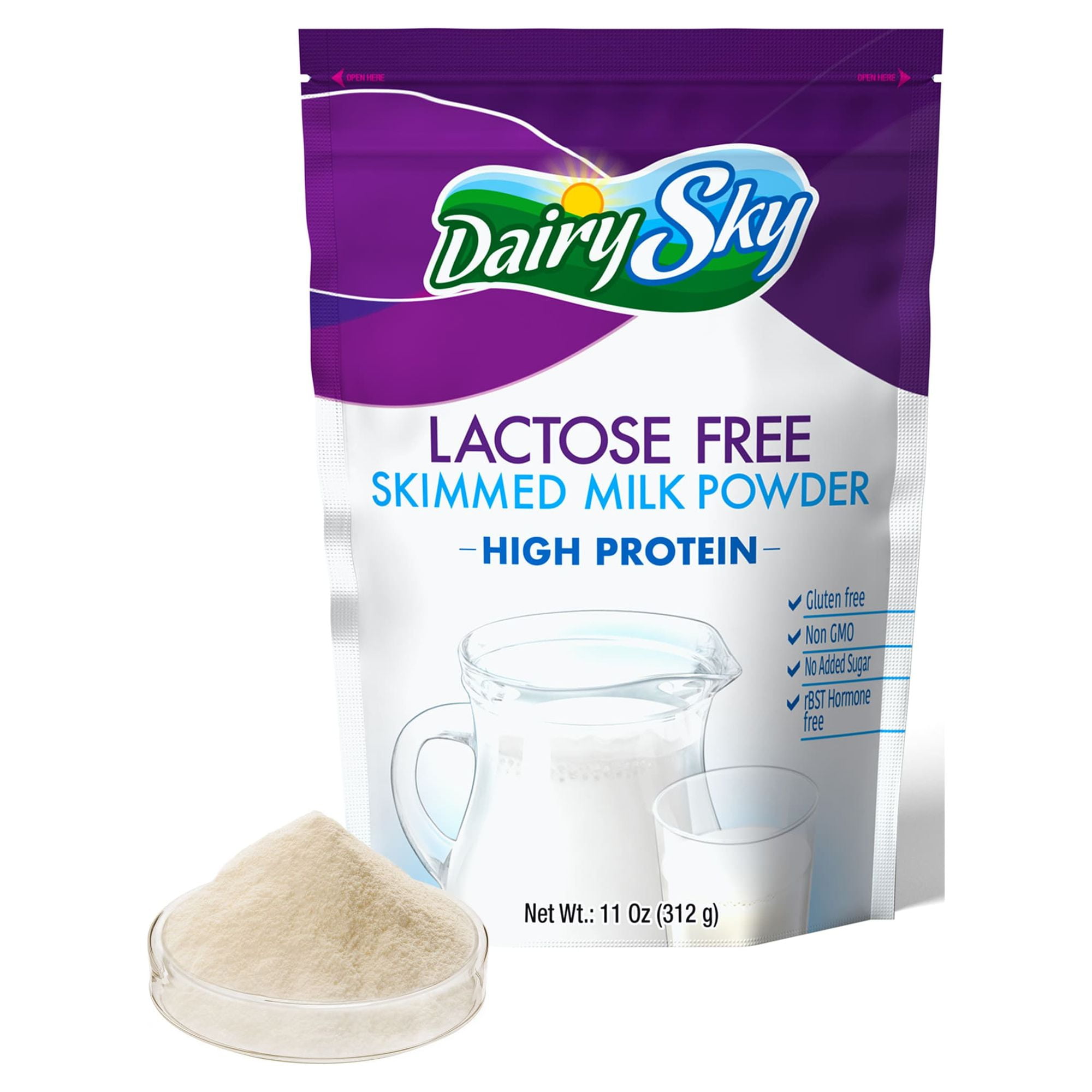 DairySky Lactose Free Powdered Milk 11oz - Skim Milk Powder, Non GMO Fat Free for Baking & Coffee, Kosher with Protein & Calcium Dry Milk Lactose Free| Great Substitute for Liquid Milk | RBST Hormone-