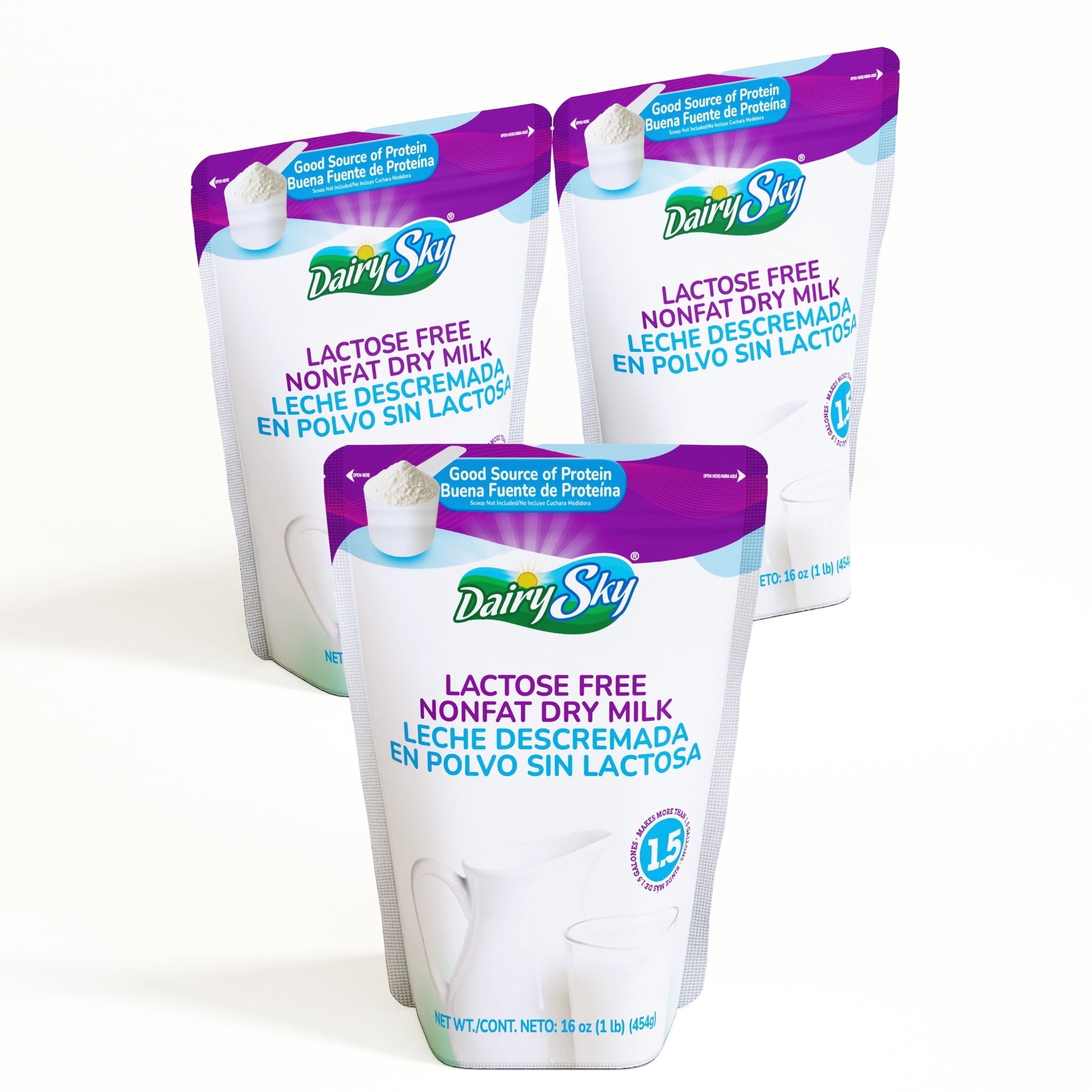 DairySky Lactose Free Powdered Milk, Skim Fat Free Dry Milk for Baking & Coffee, Non-GMO, Kosher, Protein & Calcium, 16 oz, 3 pack