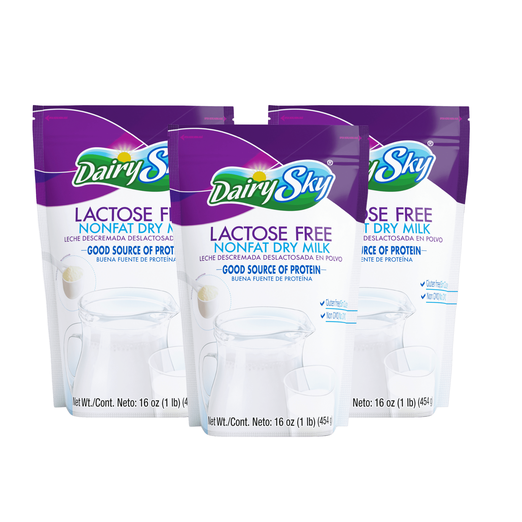 DairySky Lactose Free Powdered Milk 16oz Skim Milk Powder, Non GMO, Fat Free, Kosher, 3 Pack