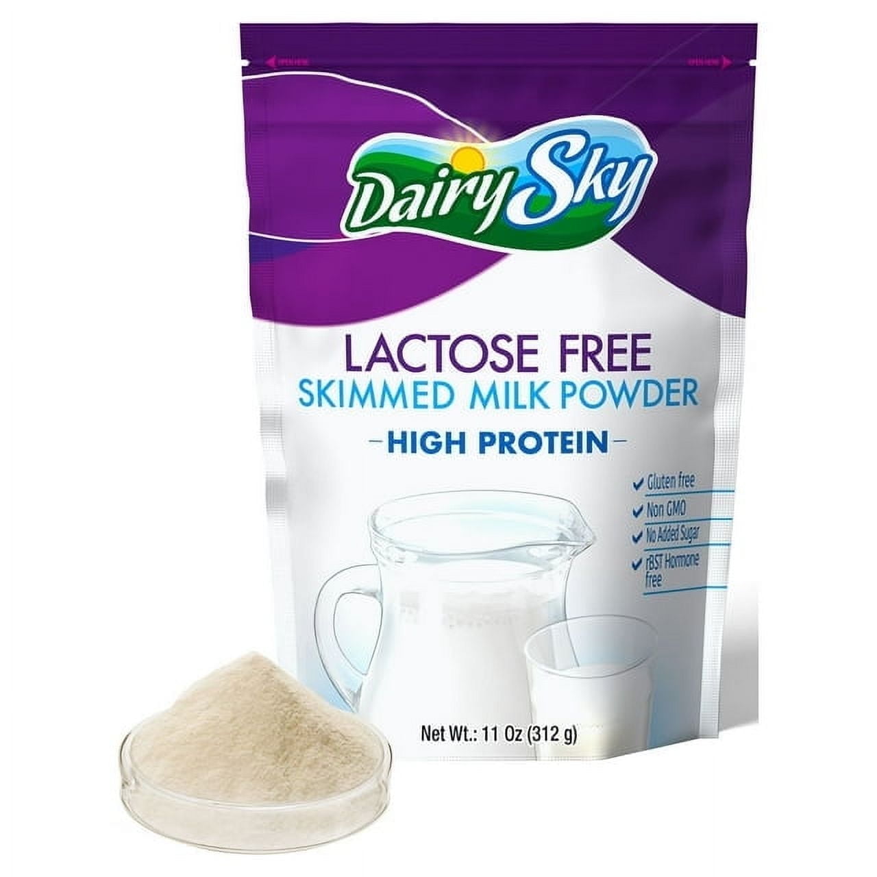 DairySky Lactose Free Nonfat Dry Milk Powder  Original Flavor  Gluten Free, Non-GMO, 11oz Pouch