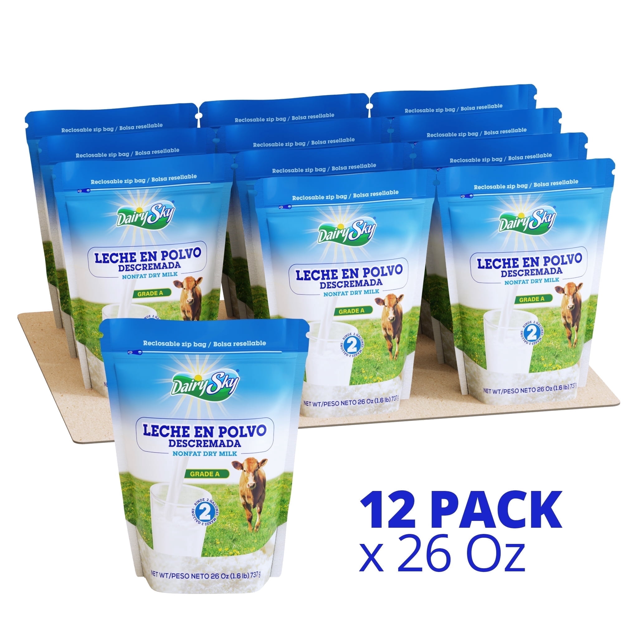 DairySky Nonfat Plain Dry Milk Powder, 26 oz (1.6 lb), Leche En Polvo Descremada, Grade a Skim Milk, Resealable Pouch, pack of 12