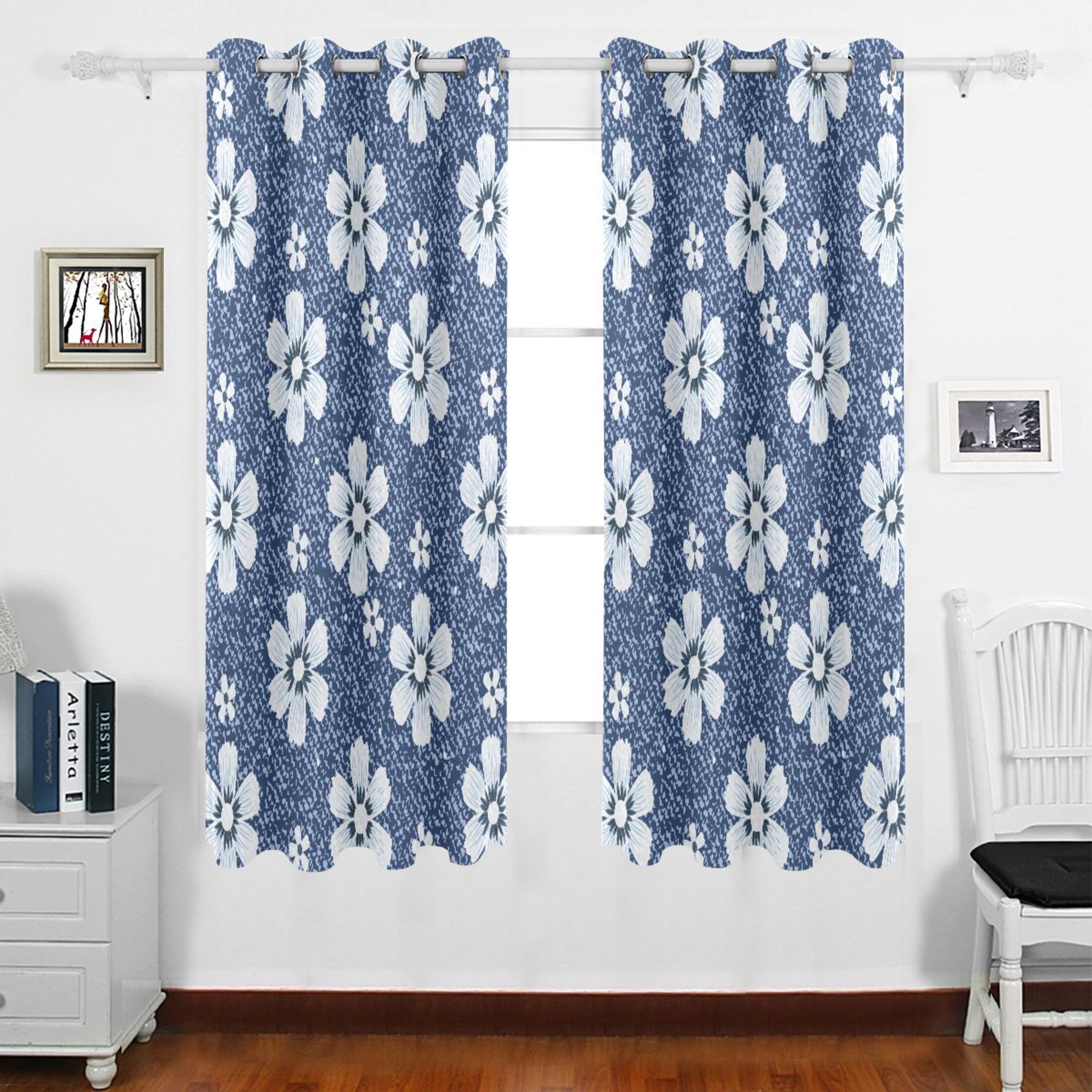 Daisies Blue with Flowers Grommet Blackout Curtains Thermal Insulated ...