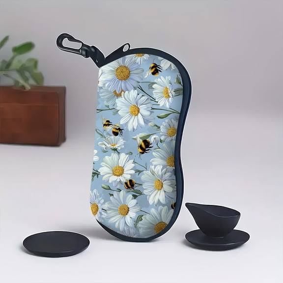 Daisies and Bumblebees Print Neoprene Eyeglass Case，UltraLightweight Softshell Design with Padded Protection  Zippered Closure Compact Travel Accessory