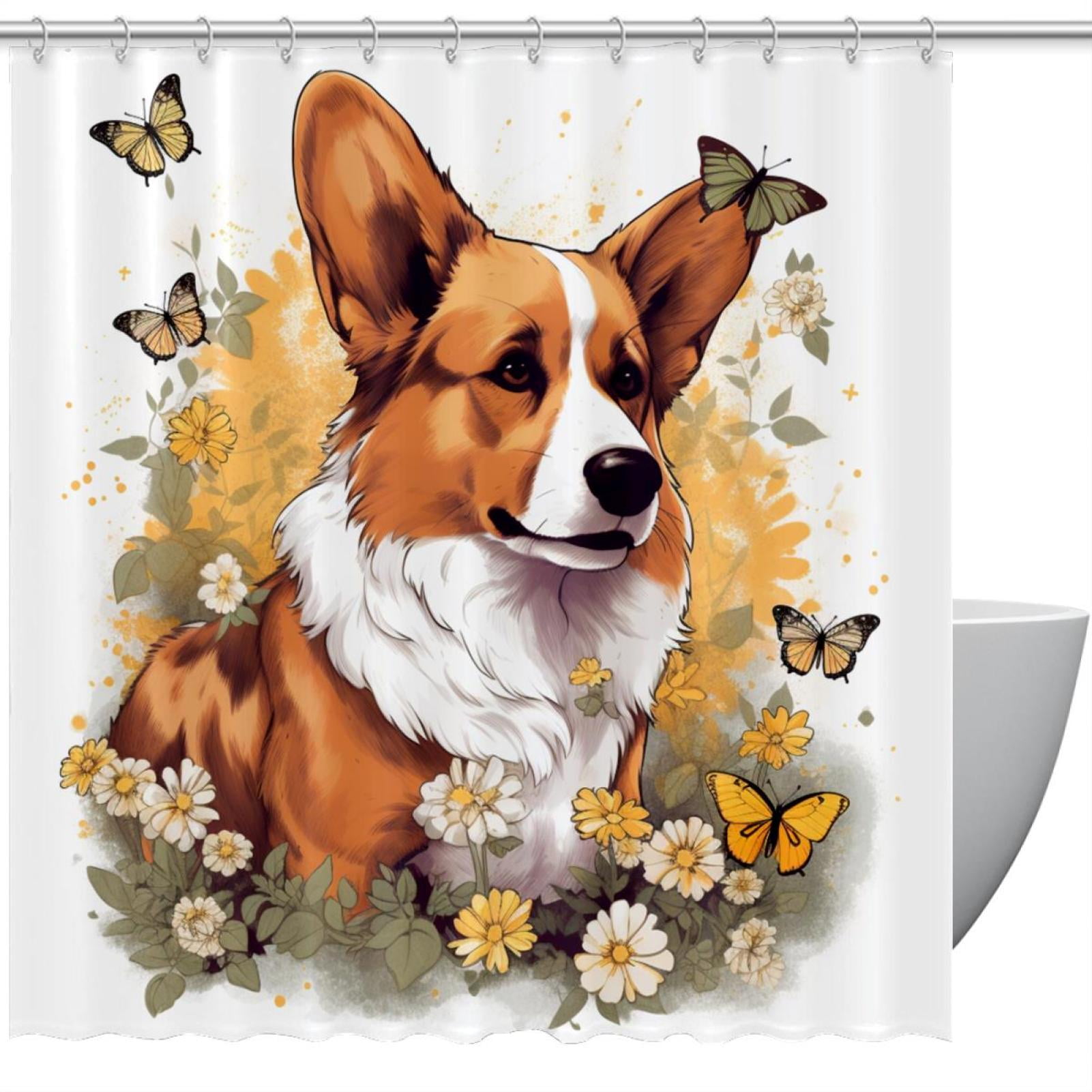 Daisies Butterflies Corgi Shower Curtain with Hooks, Waterproof ...