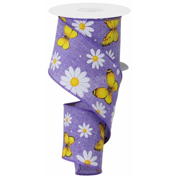Daisies & Butterflies Wired Edge Ribbon, 10 Yards (2.5 Inch, Lavender)