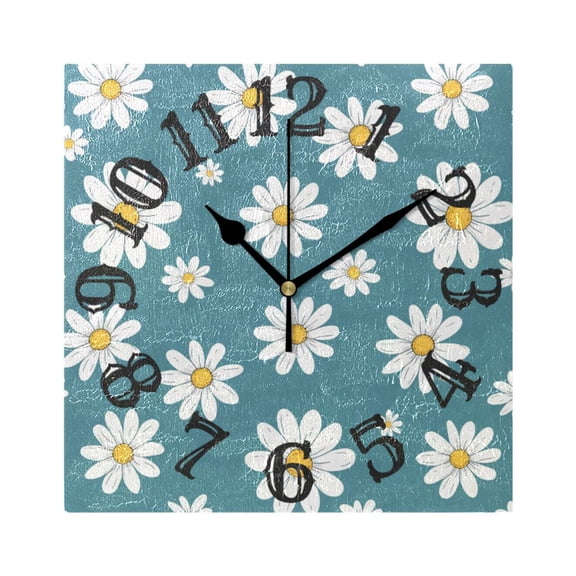 Daisies Floral Flowers Wall Clock Square Silent Non Ticking Battery Operated Clock for Home Bathroom Kitchen Bedroom Living Room