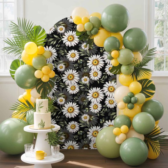 Daisies Flowers Arch Backdrop Cover, 4FT, Idyllic Leaves Black Background Spandex Arch Covers Double-Sided Backdrop for Wedding Birthday Party Photo Background Decoration
