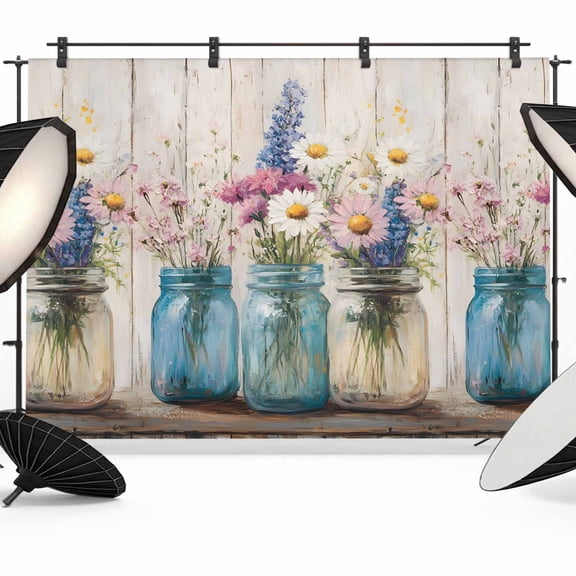 Daisies Flowers Backdrop for Photography,Fabric Photo Background Backdrop,Vintage Farm Bottle Floral Wooden Plank Photo Booth Background for Portrait Photoshoot Video Wedding Decoration Banner 7x5ft