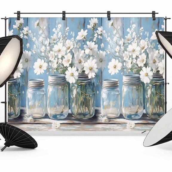 Daisies Flowers Backdrop for Photoshoot,Photography Photo Studio Background Wall Backdrop,White Bottle Floral Rustic Blue Woodgrain Back Drop Banner Panel for Portraits Wedding Live Streaming 7x5Ft