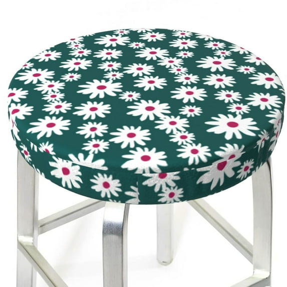 Daisies Flowers Pine Green Round Bar Stool Seat Covers, Elastic Round Chair Cover Stool Seat Slipcover Bar Stool Cushions Round Pad for 12-14 inch