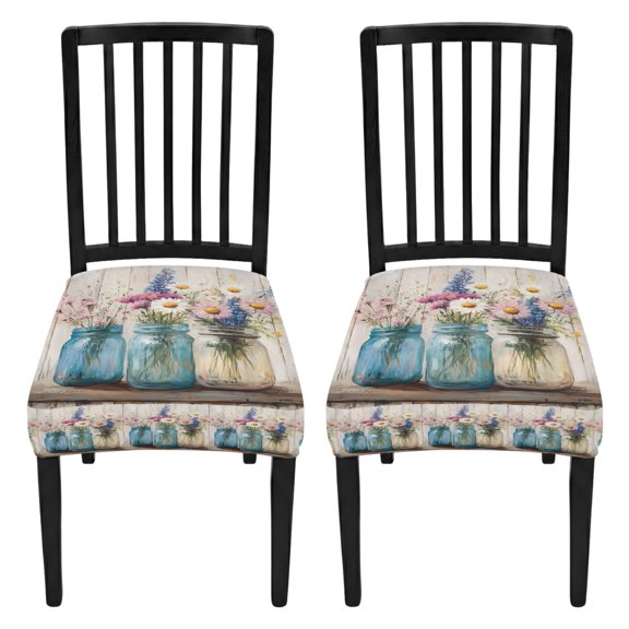 Daisies Flowers Seat Covers for Dining Room Chairs Set of 2, Vintage Farm Bottle Floral Wooden Plank Removable Stretch Kitchen Chair Seat Slipcovers Protector Washable No Rear Cushion Covers