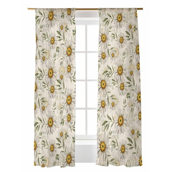 Daisies Flowers Sheer Curtains 2 Panels Set Spring Summer Idyllic Leaves Linen Texture Lihgt Filtering Rod Pocket Voile Drape, Semi Sheer Window Curtains for Bedroom Living Room, 52"x96"