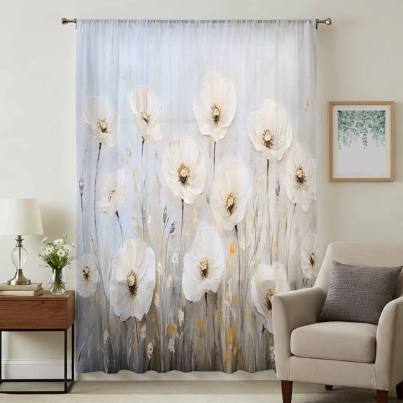Daisies Flowers Sheer Curtains 54 Inches Long, Modern Smear Art Neutral Textured Light Filering Curtains, Breathable Simi Curtain Privacy Drapes for Kitchen Bathroom Small Window Treatment