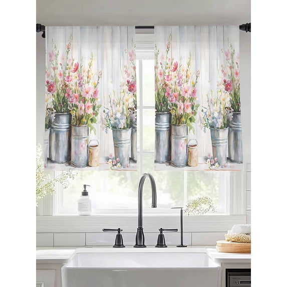 Daisies Flowers Sheer Curtains for Living Room Bedroom Watercolor Vintage Potted Plant Wooden Sheer Curtains 45 Inch Long 2 Panels Set Light Filtering Curtain Window Treatments Drapes for Dining Room