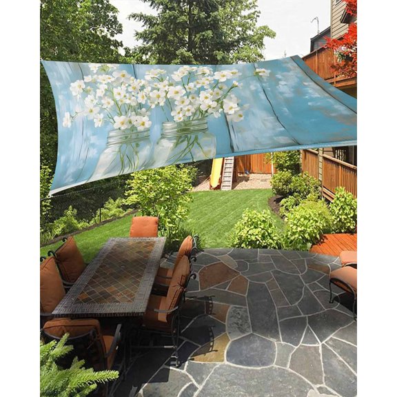 Daisies Flowers Sun Sail Shades Rectangle Canopy,Sunlight Block Heavy Duty Curved Backyard Shade Cover,Potted Plant Vintage Blue Wood Grain Waterproof Sun Shades for Patios Garden Pergola 6.5'x10'
