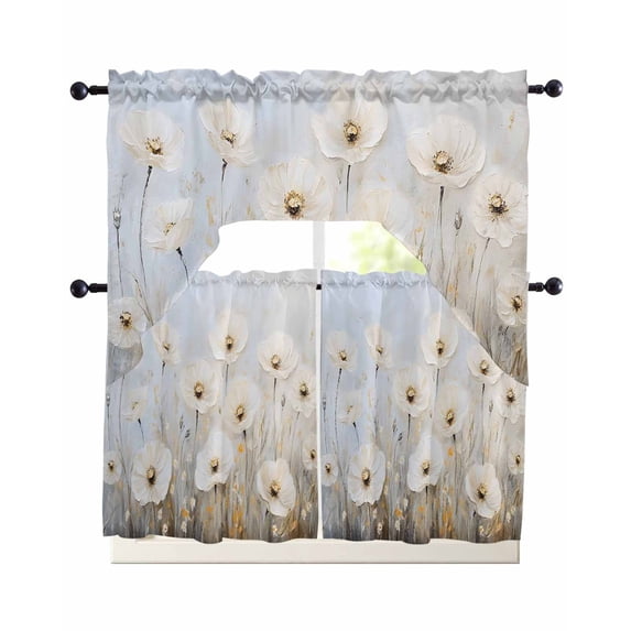 Daisies Flowers Swag Kitchen Curtains Sets for Windows 24 Inch Length, Modern Smear Art Neutral Textured Short Window Curtain Panels Swags Valances and Tiers 3 Piece Set for Cafe/Dining Room