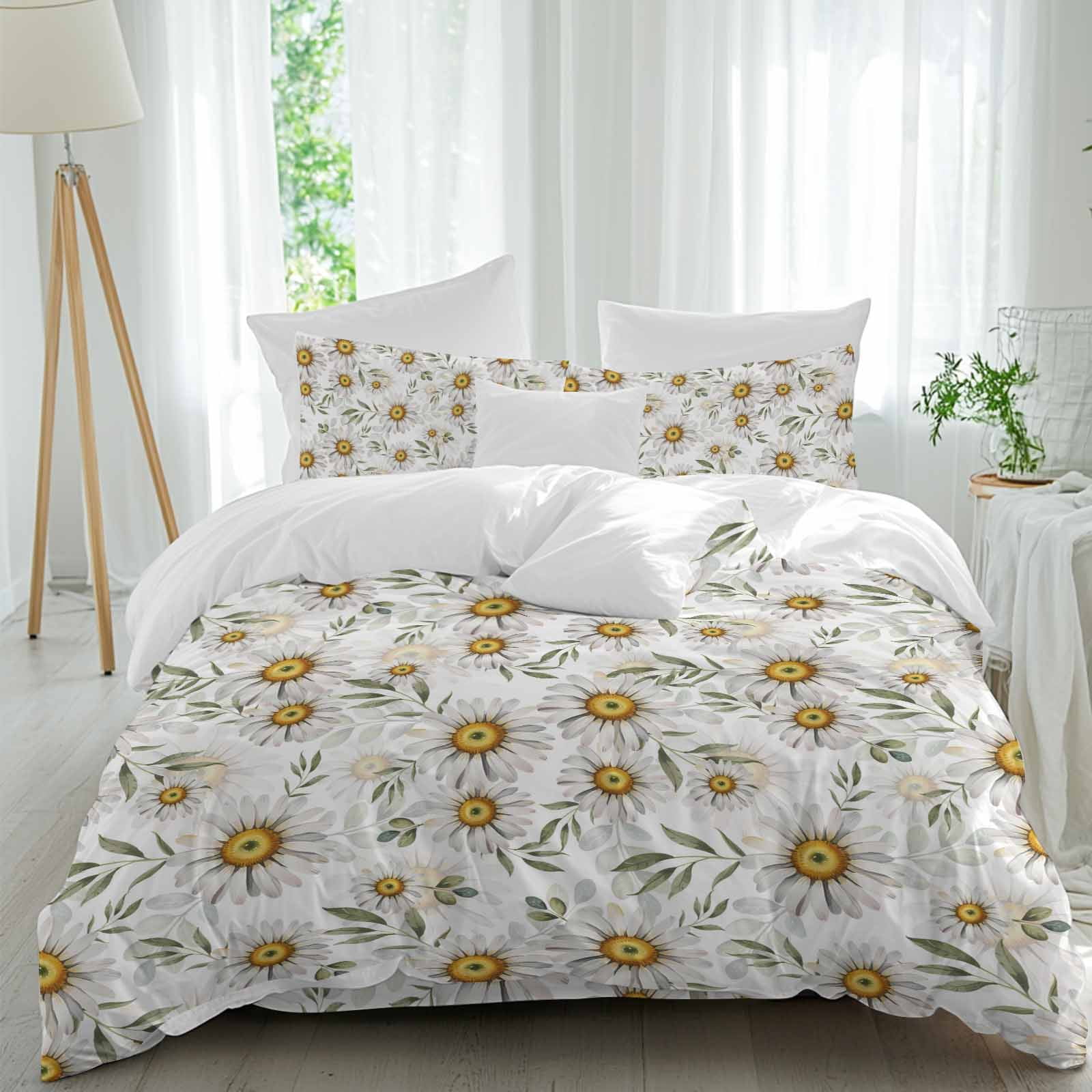 Daisies Flowers Twin Duvet Cover Set, Spring Summer Pastoral Leaves 4 ...