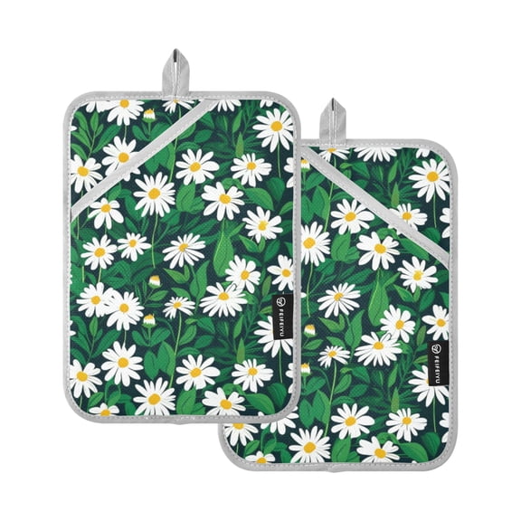 Daisies Flowers with Green Leaves Oven Mitts 2 Pcs Pot Holders Sets Heat Resistant for Kitchen Cooking Baking 7"x9.8"