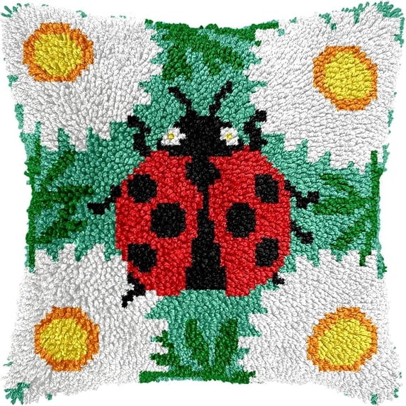 Daisies & Ladybug Latch Hook Pillow Kits DIY Pillowcase Cushion Cover Crochet Hooking Pillow Making Kits with Color Pattern Canvas Crochet Hooking Kits Pillow 43x43cm(DQ-54)