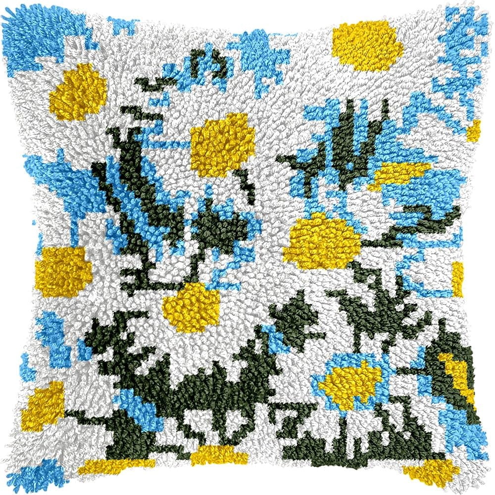 Daisies Latch Hook Pillow Kits Pillow Cover Latch Hook Crafts Crochet Knitted Hooking Pillowcase Cushion Crafts Embroidery Latch Hooking Kits Material Set 17x17 inch(137)