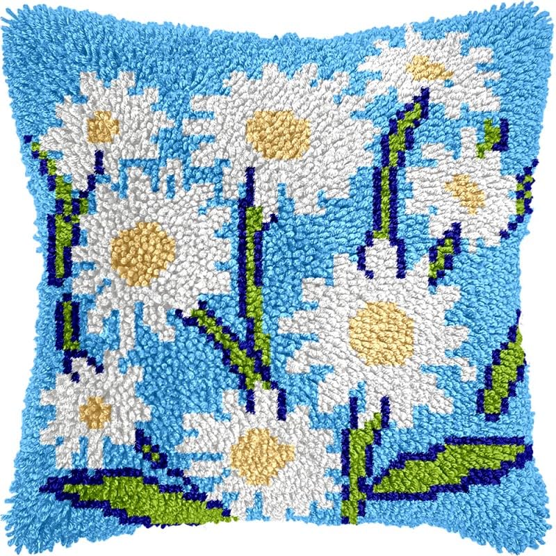 Daisies Latch Hook Pillow Kits Pillow Cover with Pattern Printed Canvas Sofa Hooking Pillowcase Cushion Crafts Embroidery Latch Hooking Crochet Starter Kits 17x17 inch(1)
