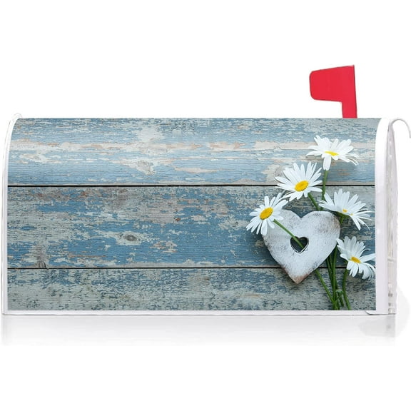 Daisies Love Heart Blue Wood Board Mailbox Cover with Magnetic Strip Spring Summer Flower Mailbox Wraps Post Letter Box Cover Standard Size 21" X 18" for Garden Outdoor Yard Decor