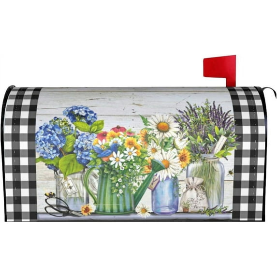 Daisies Mailbox Covers Wraps Flowers Mailbox Covers Magnetic Standard Size 25.5X21 Inch Black White Buffalo Check Plaid Letter Box Covers Decoration for Outside