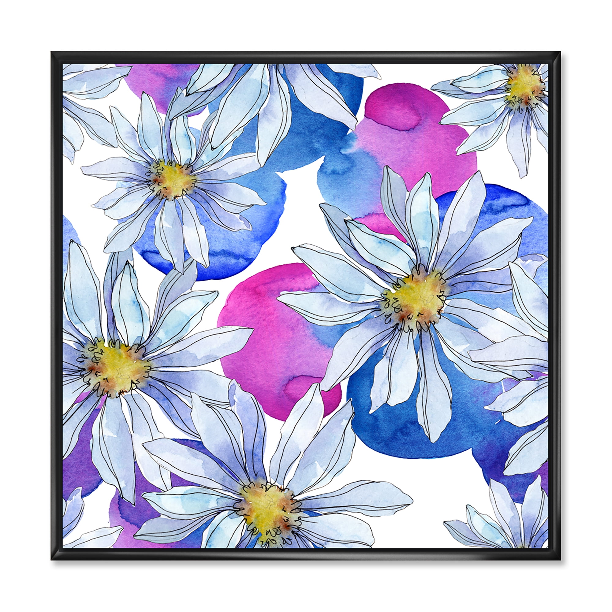Daisies On Red and Blue Backgorund 36 in x 36 in Framed Painting Canvas Art Print, by Designart