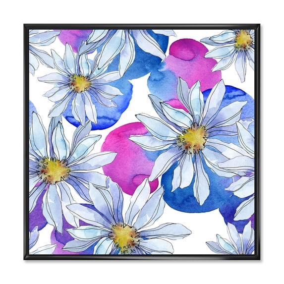 Daisies On Red and Blue Backgorund 36 in x 36 in Framed Painting Canvas Art Print, by Designart