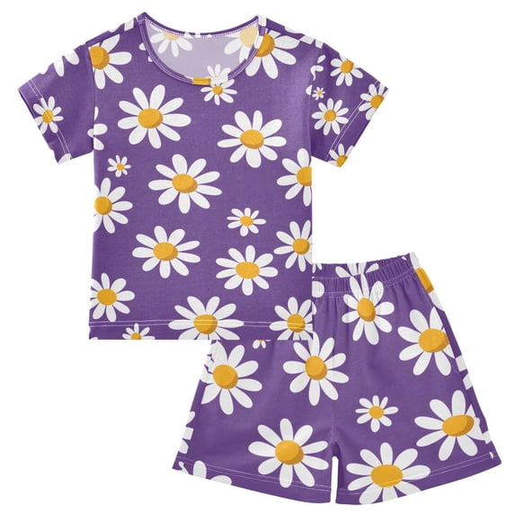 Daisies Pattern Summer Pajama Set Soft Cotton Short Sleeve Sleepwear 2PCS Pajama Sets Breathable Lounge Set Size 12Y
