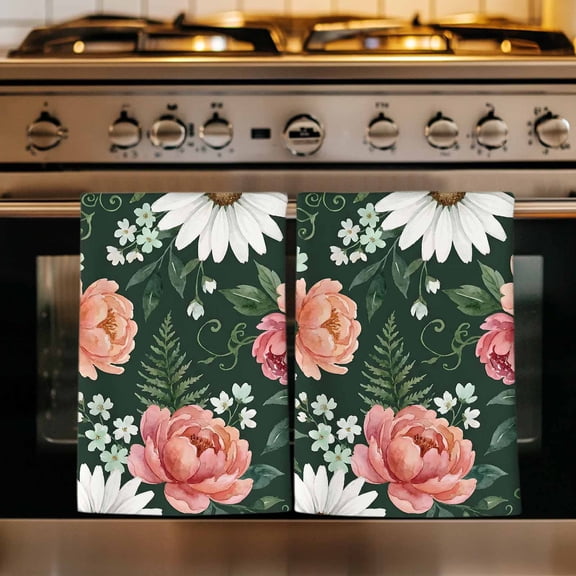 Daisies Peonies Kitchen Towels Set of 1, Dark Green Botanical Flowers Vines Absorbent Dish Towels for Kitchen, Microfiber Hand Towel, Quick Drying Tea Towel for Cleaning Decorative Dishcloths
