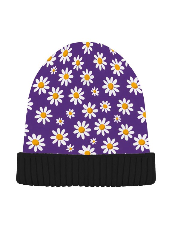 Daisies Purple Background Beanie Hat Unisex Warm Winter Hat Cap For Women Men Winter Running