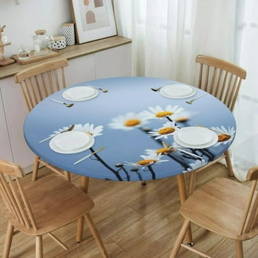 Daisies Tablecloth Round Elastic Fitted Waterproof Flowers Floral Daisy Table Cover Cloth for Dining Room Indoor Outdoor Decor