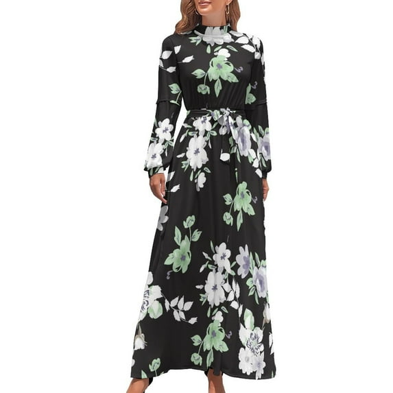 Daisies White Blue Dress High Waist Abstract Flowers Design Print Bohemia Dresses Long Sleeve Long Maxi Dress Trendy Vestidos