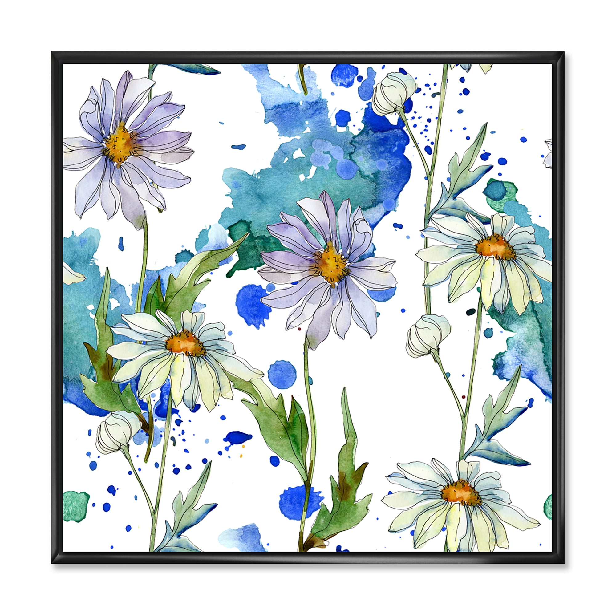 Daisies With Green Leaves and Background 16 in x 16 in Framed Painting Canvas Art Print, by Designart