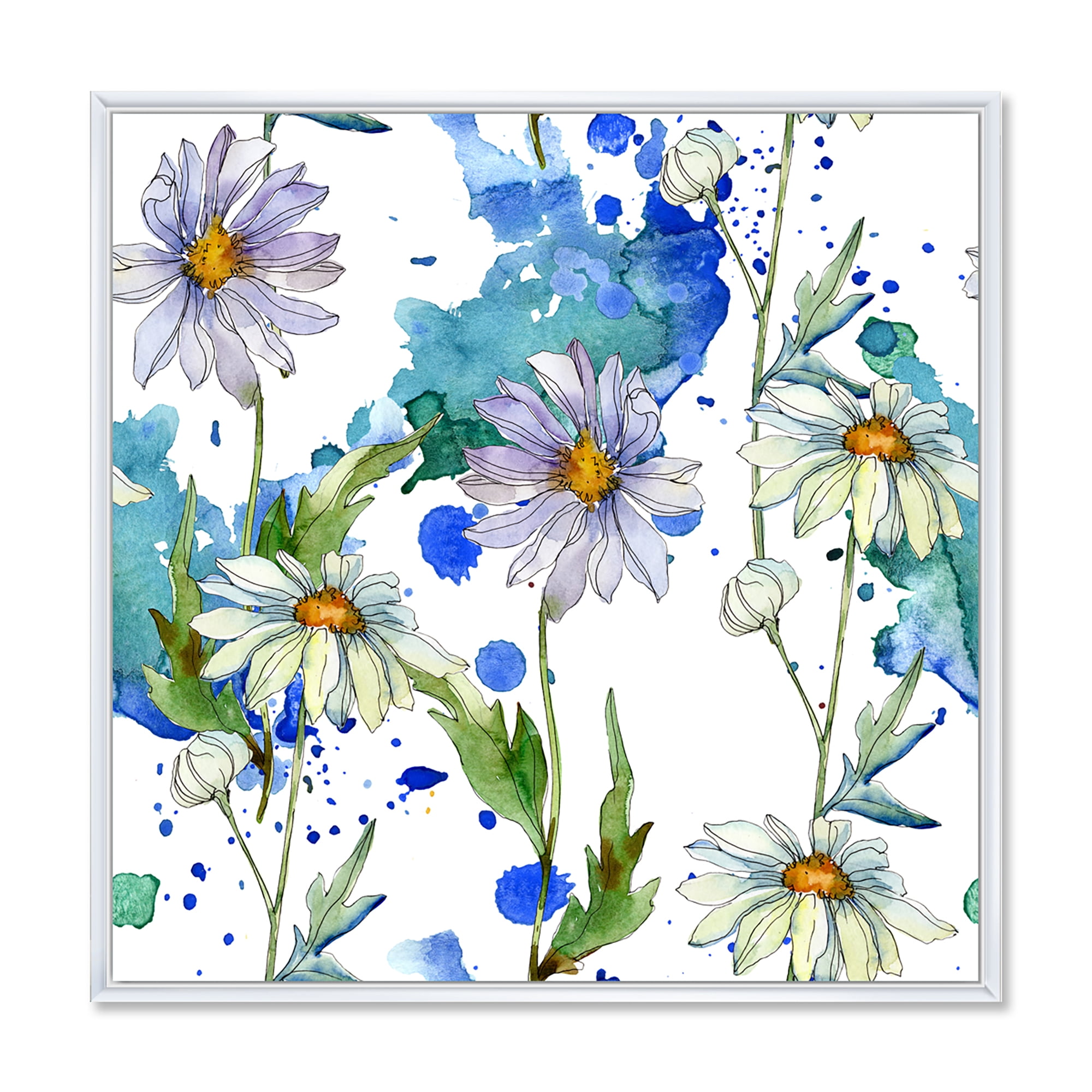 Daisies With Green Leaves and Background 30 in x 30 in Framed Painting Canvas Art Print, by Designart