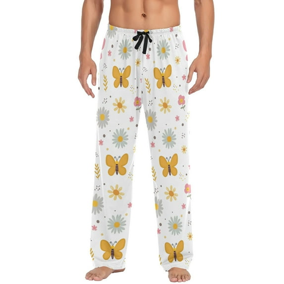 Daisies and Butterflies Men's Lightweight Pajama Bottoms Stretch Elastic Waist Side Pockets Spring Fall