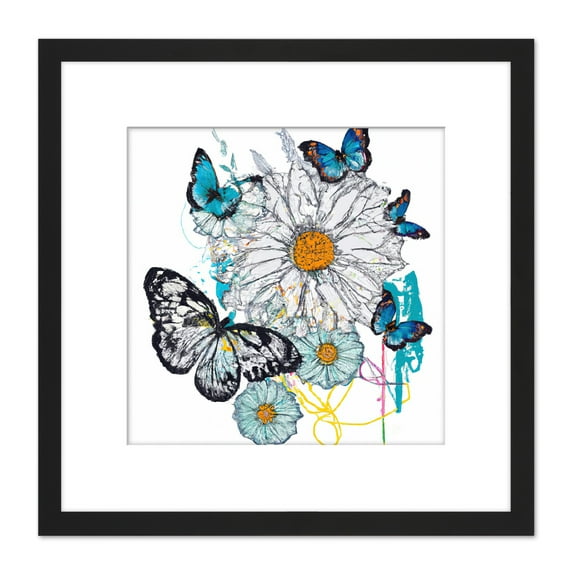 Daisies and Butterflies Oil Painting Floral Nature Painting Square Wooden Framed Wall Art Print Picture 8X8 Inch