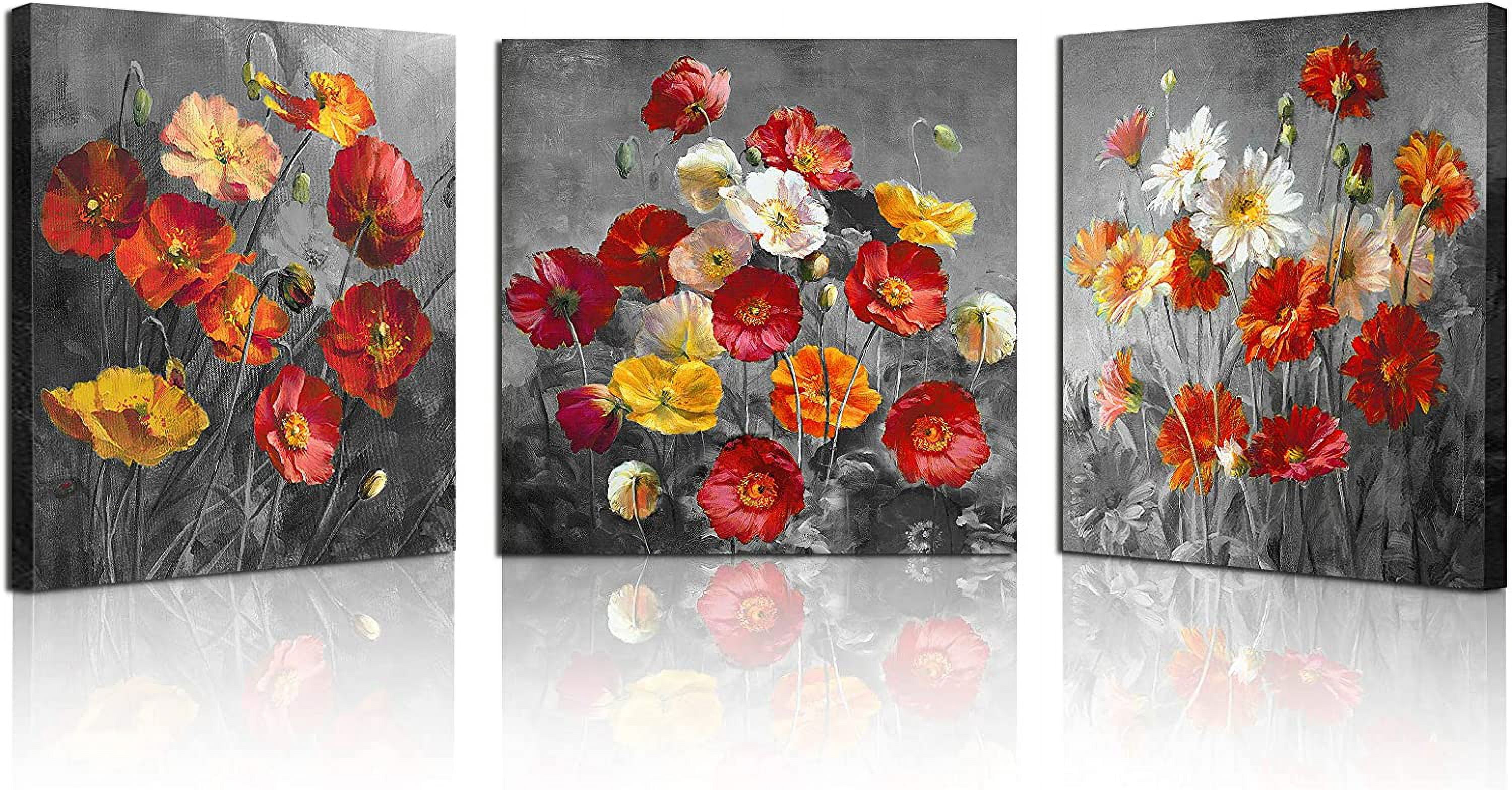 Daisiy Flower Wall Art Orange Floral Pictures Bathroom Wall Decor Red Poppy Canvas Prints for Living Room 16x16"x 3Pcs Modern Colorful Still Life Paintings Stretched and Framed Artwork Home Decoration
