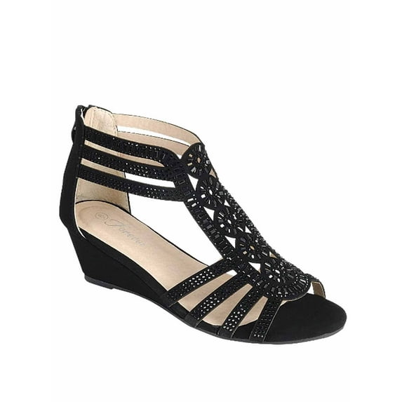 Daiso-28 Women Peep Toe Glittle Gladiator Low Wedge Heel Sandals Party Shoes ( Black, 7)