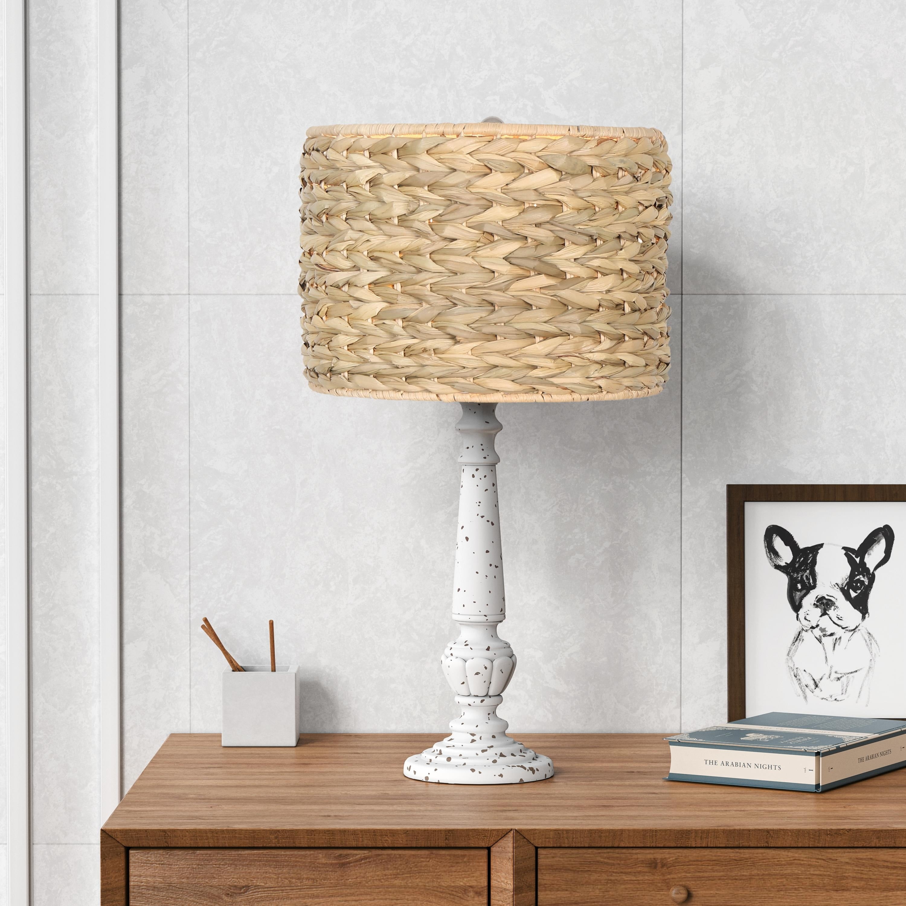 White Resin Table Lamp with Woven Rattan Drum Shade
