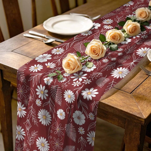 Daisy 10 ft Cheesecloth Table Runner for Wedding 27"x120", Leaf Scrolls Red Background Vintage Kitchen Dinner Sheer Tulle Chiffon Dresser Scarf, Holiday Party Decorations