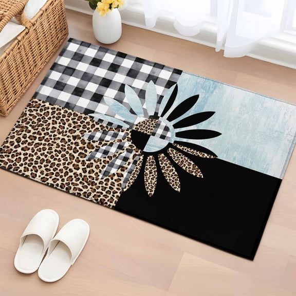 Daisy 2'x3' Rug for Entryway Front Door Kitchen Sink Area, Black White Buffalo Check Leopard Black Sky Blue Low Pile Non Slip Rectangle Area Rug, Machine Washable Indoor Outdoor Mat