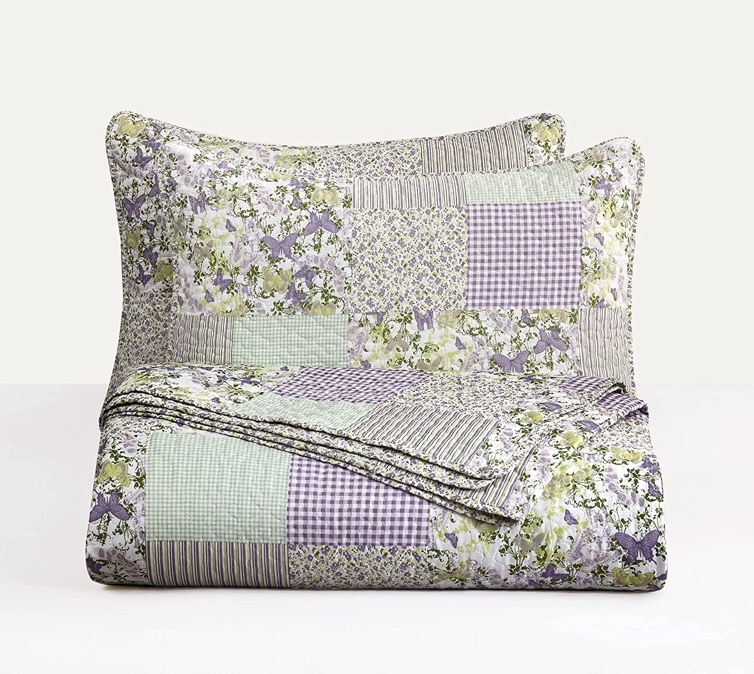 Chezmoi Collection Daisy 3-Piece Printed Patchwork Quilt Set, Purple Butterfly Botanical Candy Stripe Checkered Coverlet, Pre-Washed Microfiber Lightweight Reversible Bedspread, Queen Size