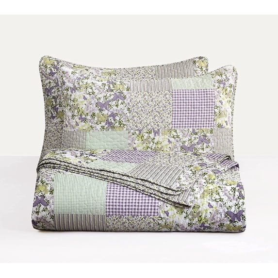 Chezmoi Collection Daisy 3-Piece Printed Patchwork Quilt Set, Purple Butterfly Botanical Candy Stripe Checkered Coverlet, Pre-Washed Microfiber Lightweight Reversible Bedspread, Queen Size