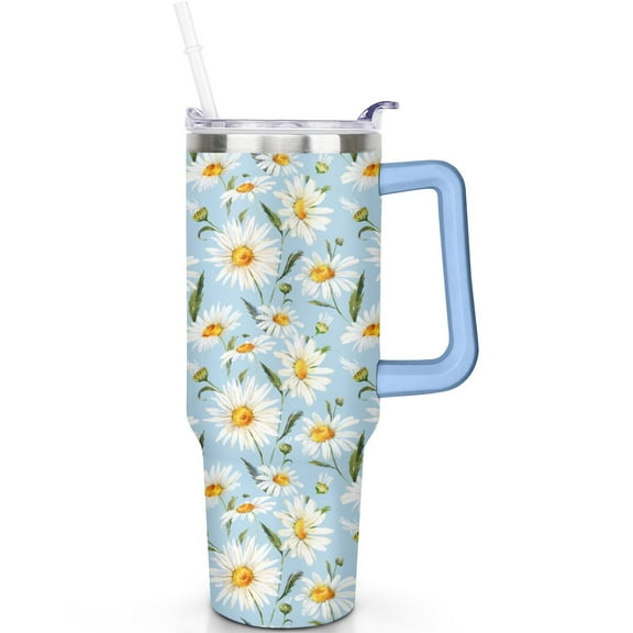 Daisy 40 oz Tumbler with Handle Straw Daisy Theme 40oz Tumbler SpillProof Lid Double Insulated Travel Coffee Cup Gifts for Men Women Travel Must Haves