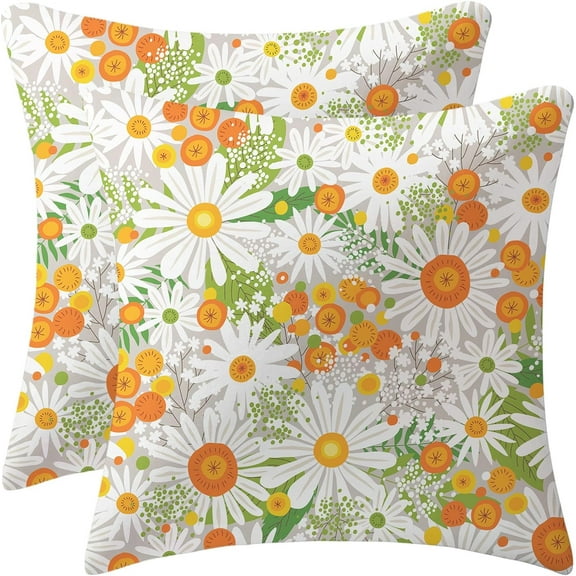 Daisy 70S Flower Pillow Covers 18 x 18 Inch Set of 2 Cute Orange Floral Decor Aesthetic Retro Blossom Flower Throw Pillows Leaves Outdoor Farmhouse Decorative Cushion for Couch Bed Sofa