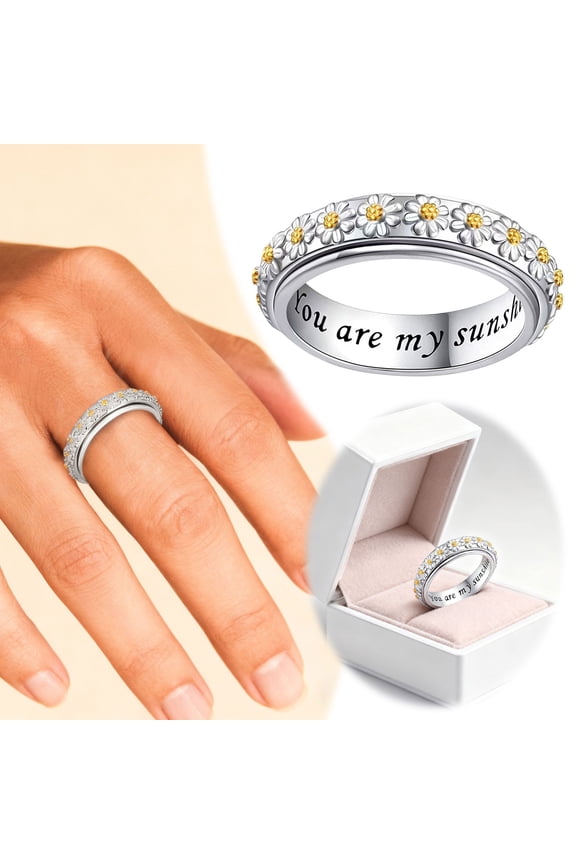 Daisy Anxiety Relieve Spinner Rings You Are My Sunshine Flower Fidget Ring Sterling Silver ADHD Stress Relieving Ring for Women Mother's Day Size 7