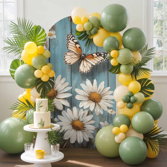 Daisy Arch Backdrop Cover, 4FT, Daisy And Butterfly Teal Vintage Wood Pastoral Spandex Arch Covers Double-Sided Backdrop for Wedding Birthday Party Photo Background Decoration