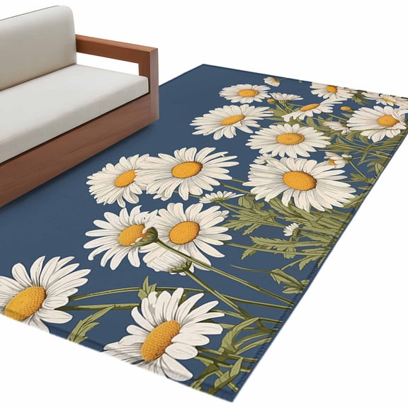 Daisy Area Rug 3x5 FT, Non Slip Entryway Bedside Carpet, Spring Floral Summer Botanical Elegant Navy Blue Washable Soft Floor Carpet Indoor Mat Non-Shedding Throw Rug for Dorm Kitchen Home Office